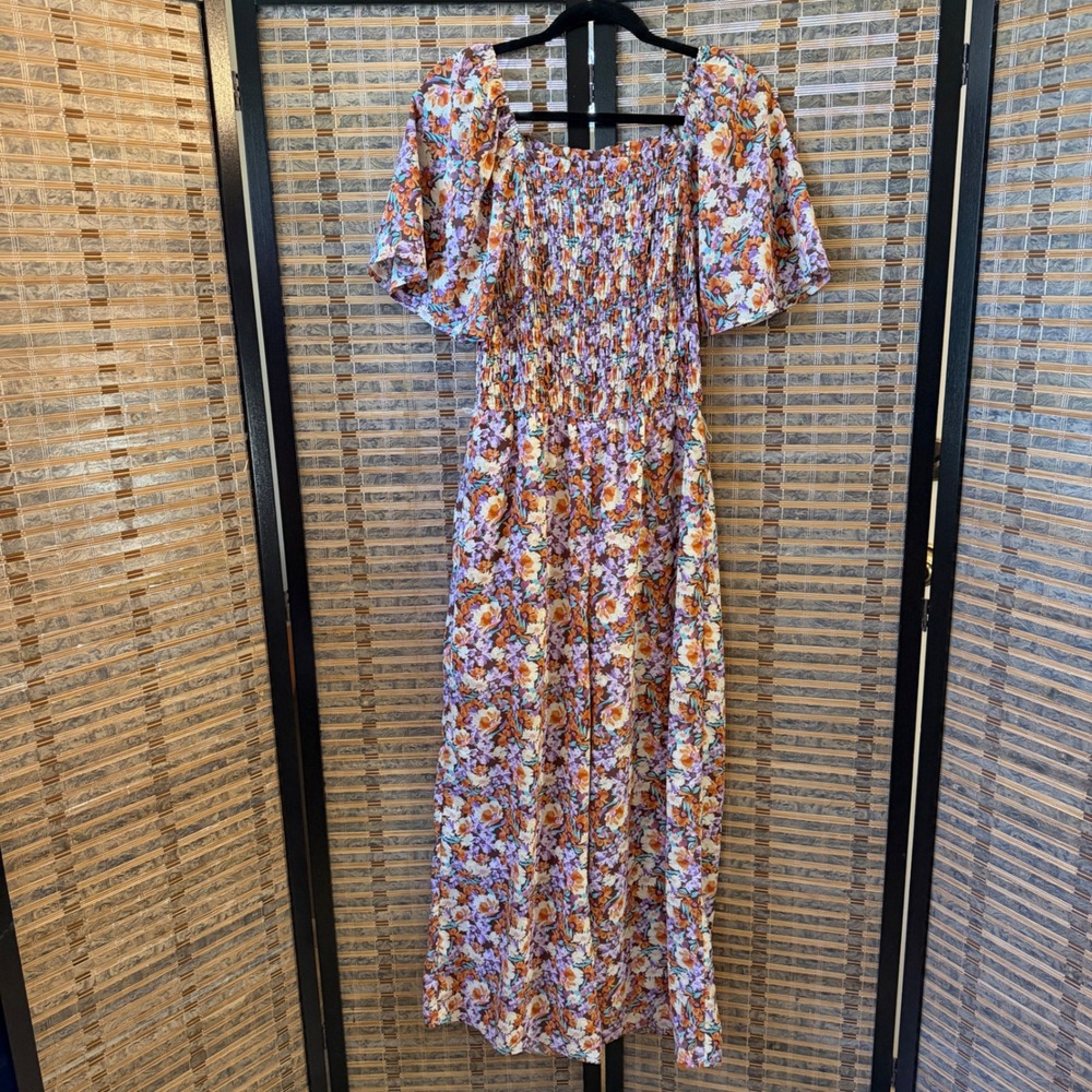 Hayden Los Angeles Jumpsuit Women M Purple Orange Floral Smocked Wide Leg Boho